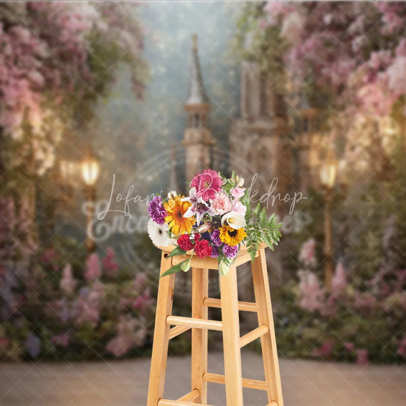 Lofaris Enchanted Castle with Pink and Purple Flowers Photography Backdrop Magical Fairytale Princess Birthday Party Decor.