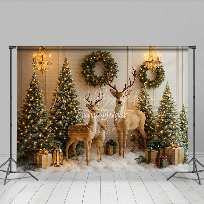 Lofaris Enchanted Christmas Photography Backdrop Reindeer Family in a Snowy Room Elegant Holiday Mini Session Background