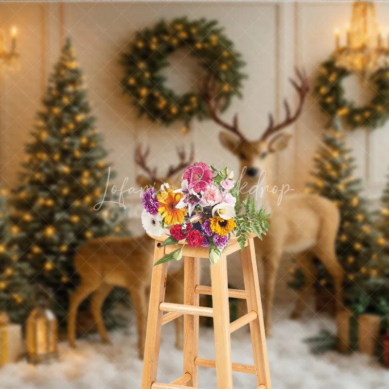 Lofaris Enchanted Christmas Photography Backdrop Reindeer Family in a Snowy Room Elegant Holiday Mini Session Background