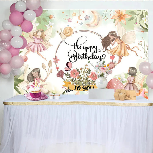 Lofaris Enchanted Fairy Garden Happy Birthday Backdrop with Whimsical Fairies Mushrooms and Pastel Flowers for Girls Party