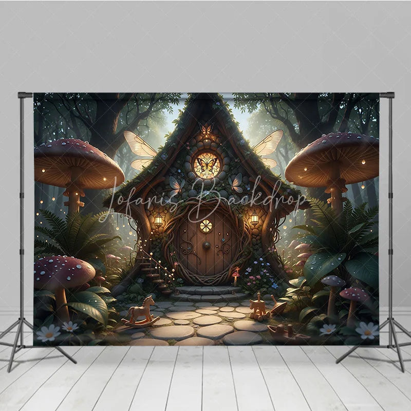 Lofaris Enchanted Fairy House Photography Backdrop with Magical Forest Glowing Mushrooms and Whimsical Butterfly Wings