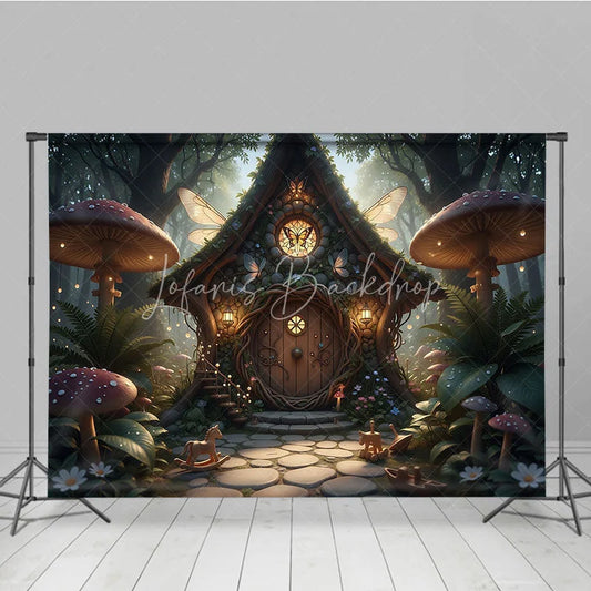 Lofaris Enchanted Fairy House Photography Backdrop with Magical Forest Glowing Mushrooms and Whimsical Butterfly Wings