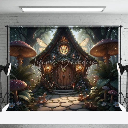 Lofaris Enchanted Fairy House Photography Backdrop with Magical Forest Glowing Mushrooms and Whimsical Butterfly Wings