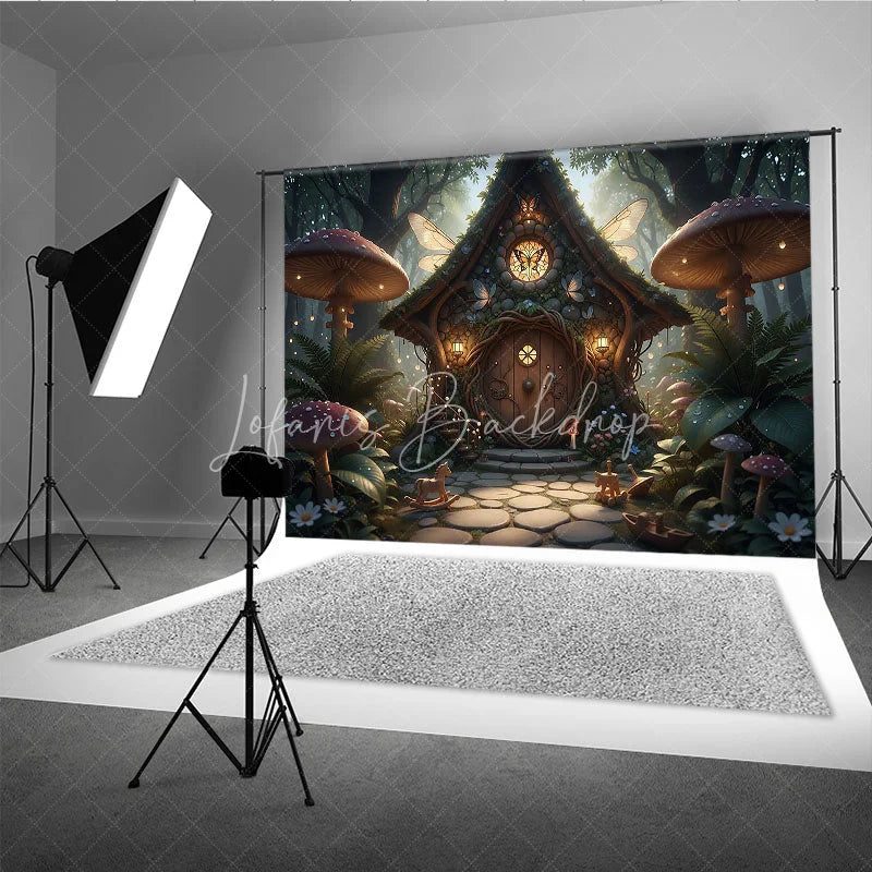 Lofaris Enchanted Fairy House Photography Backdrop with Magical Forest Glowing Mushrooms and Whimsical Butterfly Wings