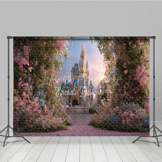Lofaris Enchanted Fairy Tale Castle Photography Backdrop with Pink Floral Archway and Petal Path Dreamy Princess Party Decor