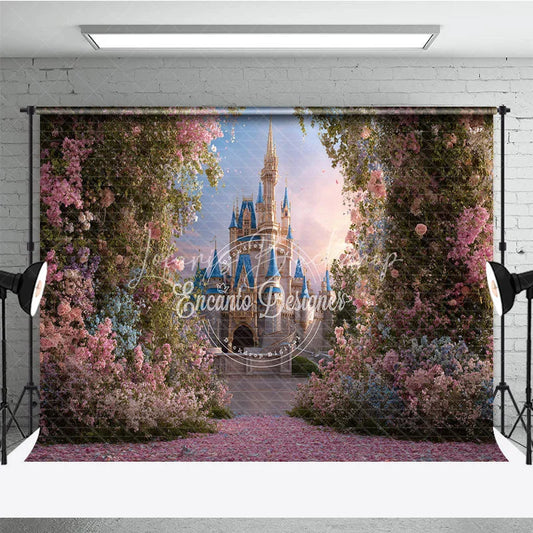 Lofaris Enchanted Fairy Tale Castle Photography Backdrop with Pink Floral Archway and Petal Path Dreamy Princess Party Decor