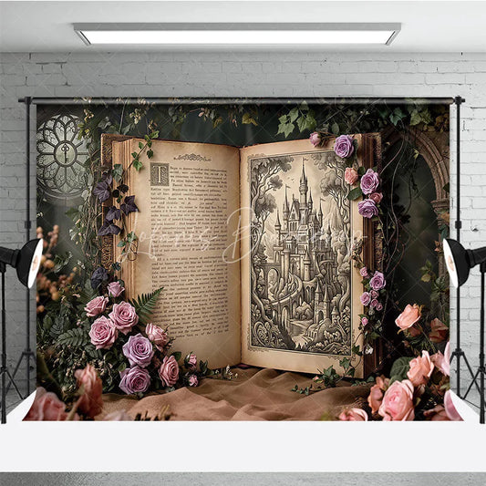 Lofaris Enchanted Fairytale Castle Illustration Open Book Photography Backdrop Vintage Rose and Ivy Garden Scene.
