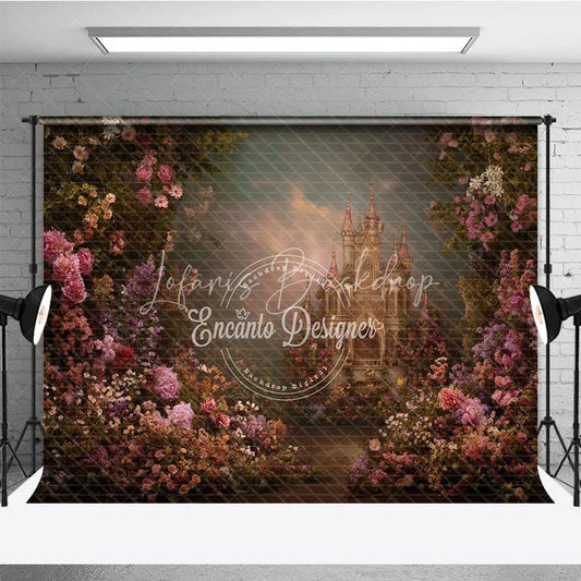 Lofaris Enchanted Fairytale Castle Photography Backdrop Lush Pink and Purple Floral Garden for Romantic Portraits