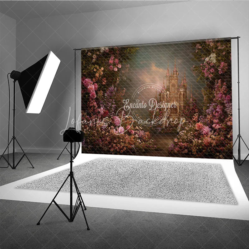 Lofaris Enchanted Fairytale Castle Photography Backdrop Lush Pink and Purple Floral Garden for Romantic Portraits