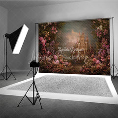 Lofaris Enchanted Fairytale Castle Photography Backdrop Lush Pink and Purple Floral Garden for Romantic Portraits