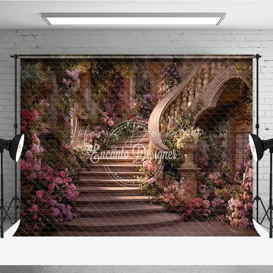 Lofaris Enchanted Fairytale Staircase Photography Backdrop with Blooming Pink and Purple Flowers Romantic Garden Archways