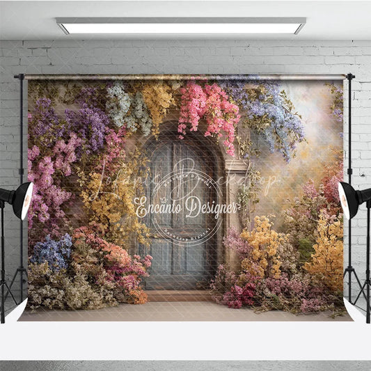 Lofaris Enchanted Floral Door Photography Backdrop Blue Wooden with Colorful Flowers Fairytale Garden Background