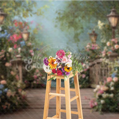 Lofaris Enchanted Floral Garden Path Photography Backdrop Wooden Bridge and Elegant Street Lamps for Photoshoot