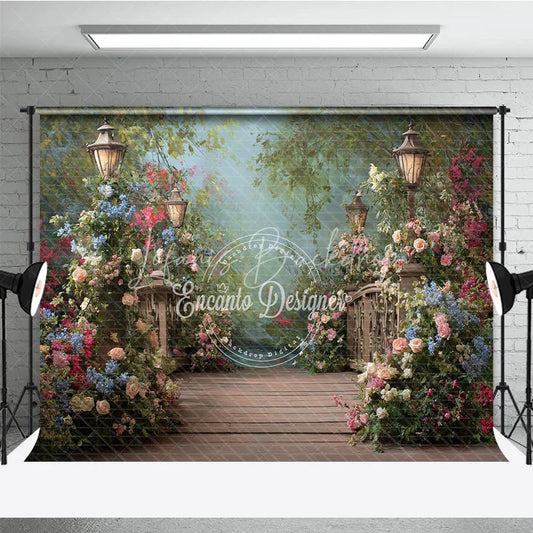 Lofaris Enchanted Floral Garden Path Photography Backdrop Wooden Bridge and Elegant Street Lamps for Photoshoot