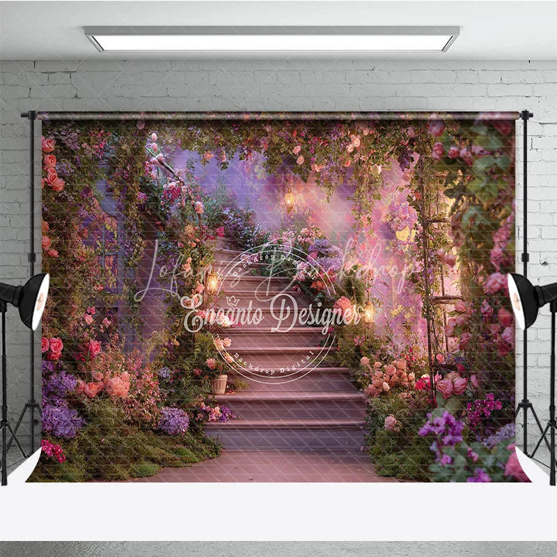 Lofaris Enchanted Floral Garden Photography Backdrop Romantic Staircase with Pink and Purple Flowers