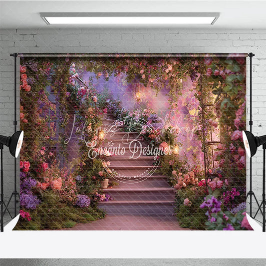 Lofaris Enchanted Floral Garden Photography Backdrop Romantic Staircase with Pink and Purple Flowers
