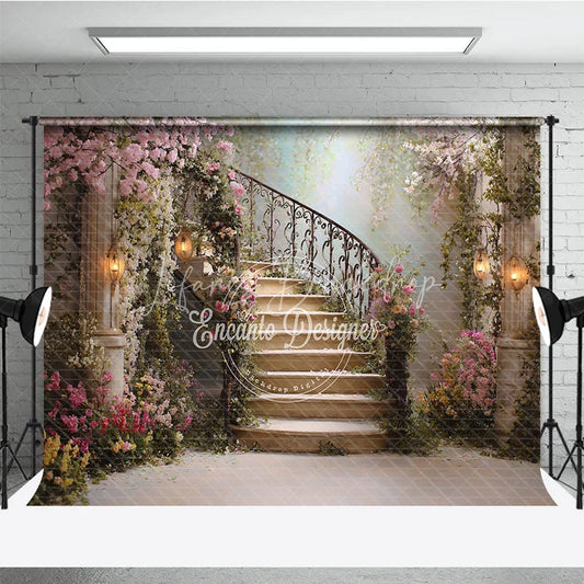 Lofaris Enchanted Floral Garden Spiral Staircase Photography Backdrop Romantic Fairytale Wedding Party Decor