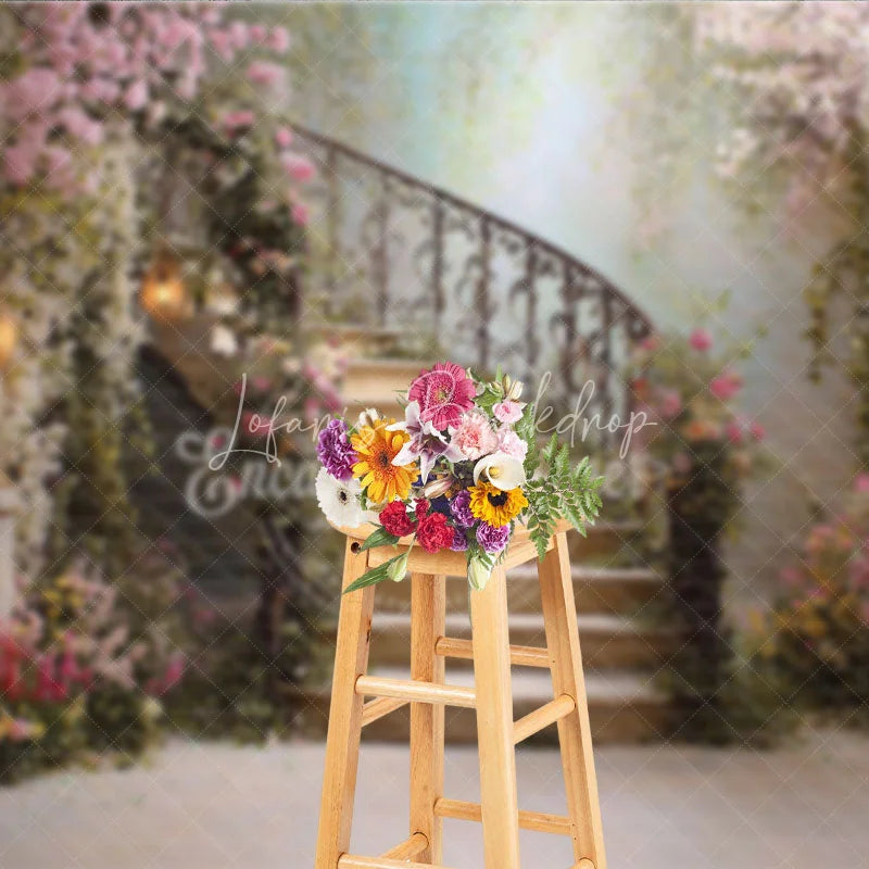 Lofaris Enchanted Floral Garden Spiral Staircase Photography Backdrop Romantic Fairytale Wedding Party Decor