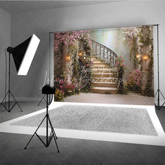 Lofaris Enchanted Floral Garden Spiral Staircase Photography Backdrop Romantic Fairytale Wedding Party Decor