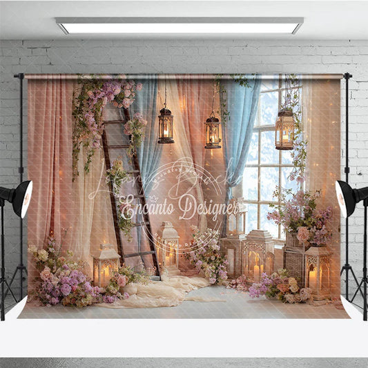 Lofaris Enchanted Floral Ladder and Lantern Window Photography Backdrop Pastel Pink Blue Sheer Curtain Scene for Weddings
