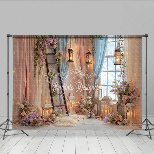 Lofaris Enchanted Floral Ladder and Lantern Window Photography Backdrop Pastel Pink Blue Sheer Curtain Scene for Weddings