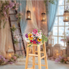 Lofaris Enchanted Floral Ladder and Lantern Window Photography Backdrop Pastel Pink Blue Sheer Curtain Scene for Weddings