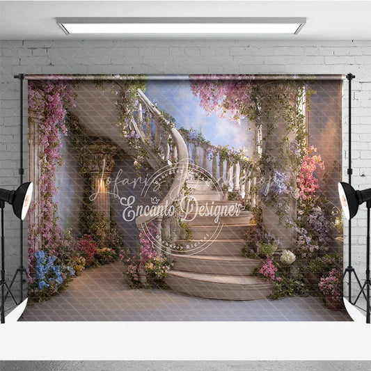 Lofaris Enchanted Floral Spiral Staircase Photography Backdrop Lush Garden Fairytale Theme Elegant Portrait Decor