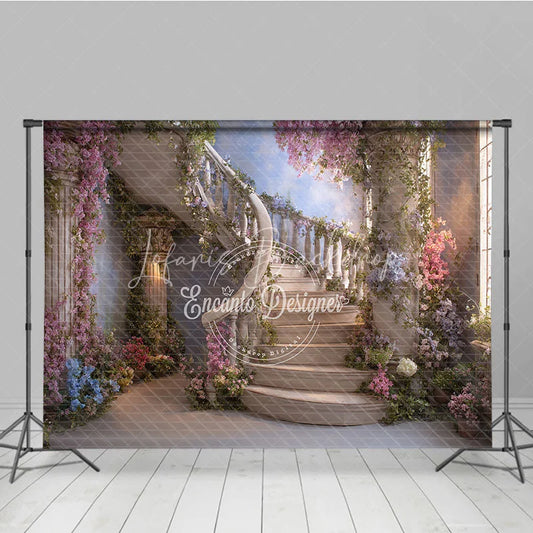 Lofaris Enchanted Floral Spiral Staircase Photography Backdrop Lush Garden Fairytale Theme Elegant Portrait Decor