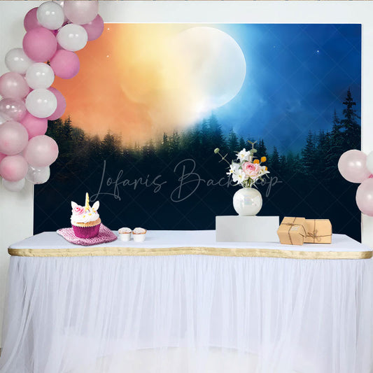Lofaris Enchanted Forest at Night Photography Backdrop Magical Full Moon and Pine Trees Mysterious Moody Scenery Prop