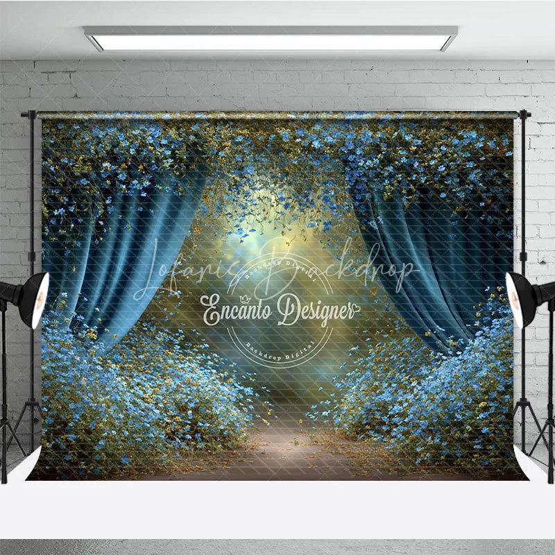 Lofaris Enchanted Forest Backdrop Magical Blue Curtains Background Fairy Tale Garden with Flowers Photo Prop