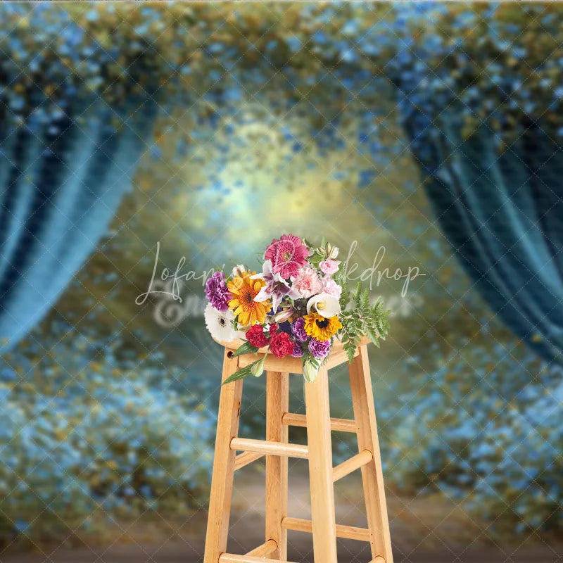 Lofaris Enchanted Forest Backdrop Magical Blue Curtains Background Fairy Tale Garden with Flowers Photo Prop