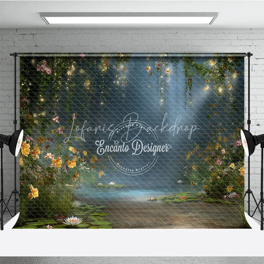 Lofaris Enchanted Forest Backdrop Magical Fairy Garden Background Water Lily Pond with String Lights Photo Props