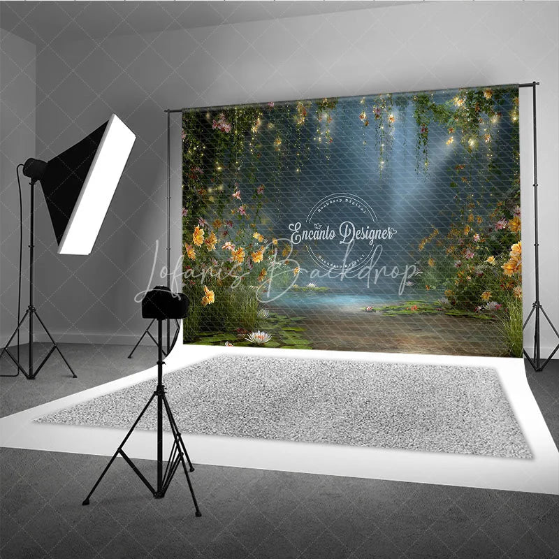 Lofaris Enchanted Forest Backdrop Magical Fairy Garden Background Water Lily Pond with String Lights Photo Props