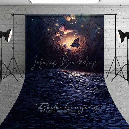 Lofaris Enchanted Forest Butterflies Sweep Photography Backdrop with Cobblestone Floor Magical Glowing Insects at Night Photo Prop