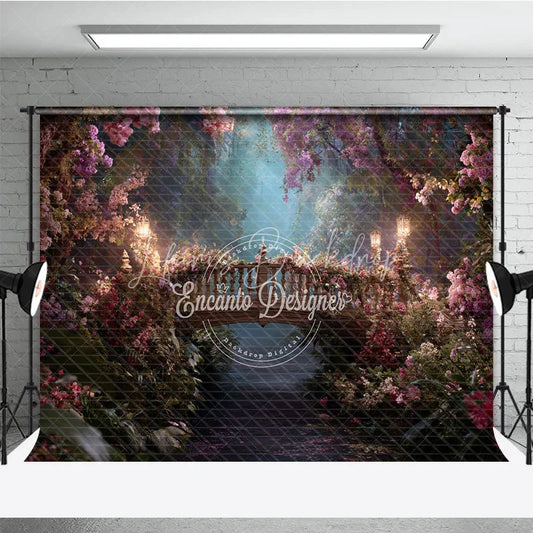 Lofaris Enchanted Forest Floral Bridge Photography Backdrop with Glowing Lanterns Dreamy Misty Path for Fairy Tale Portraits