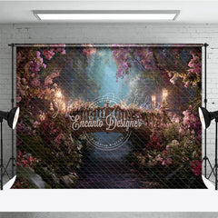 Lofaris Enchanted Forest Floral Bridge Photography Backdrop with Glowing Lanterns Dreamy Misty Path for Fairy Tale Portraits