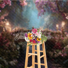Lofaris Enchanted Forest Floral Bridge Photography Backdrop with Glowing Lanterns Dreamy Misty Path for Fairy Tale Portraits