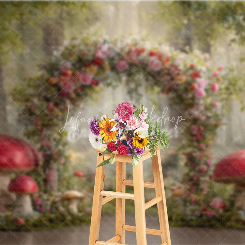 Lofaris Enchanted Forest Photography Backdrop Fairytale Floral Arch with Red Mushrooms Magical Woods Photo Background