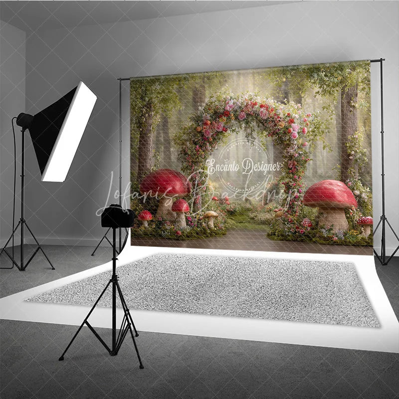 Lofaris Enchanted Forest Photography Backdrop Fairytale Floral Arch with Red Mushrooms Magical Woods Photo Background