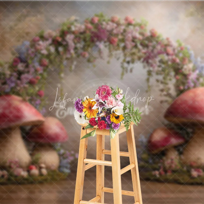Lofaris Enchanted Forest Photography Backdrop Fairytale Mushroom Arch with Flowers Fine Art Painterly Background