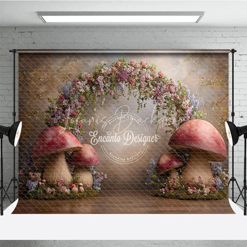 Lofaris Enchanted Forest Photography Backdrop Fairytale Mushroom Arch with Flowers Fine Art Painterly Background