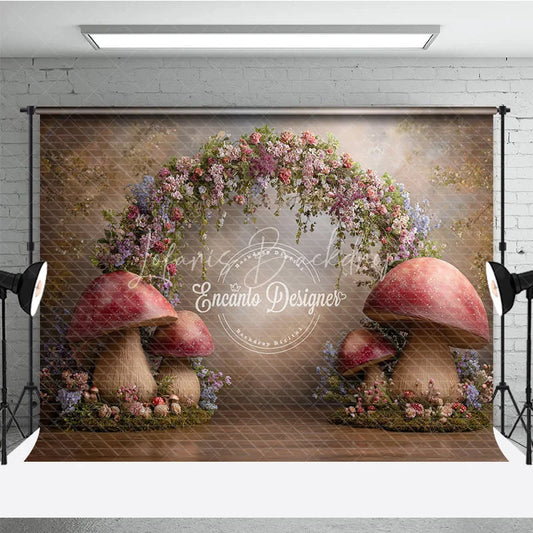 Lofaris Enchanted Forest Photography Backdrop Fairytale Mushroom Arch with Flowers Fine Art Painterly Background