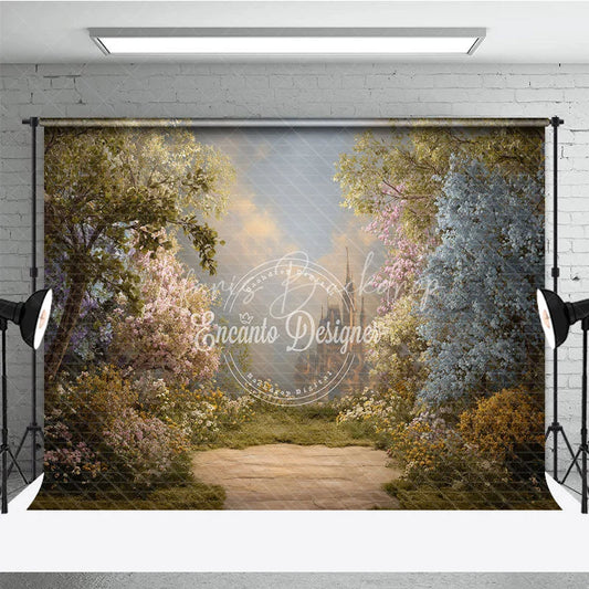 Lofaris Enchanted Forest Photography Backdrop with Fairytale Castle and Blooming Spring Flowers for Magical Princess Party