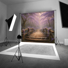 Lofaris Enchanted Forest Photography Backdrop with Wooden Bridge Magical Purple Flowers Fairytale Photo Background