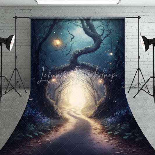 Lofaris Enchanted Forest Sweep Backdrop with Winding Path and Glowing Lanterns Ethereal Light Mystical Trees
