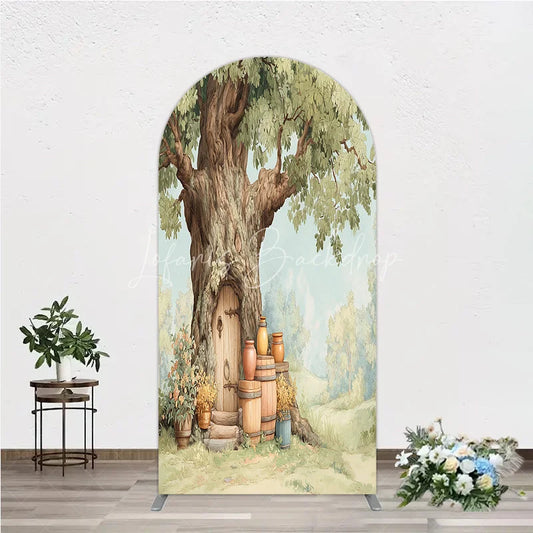 Lofaris Enchanted Forest Tree House Door Round Top Arch Backdrop Whimsical Woodland Fairy Tale Birthday Party Decor