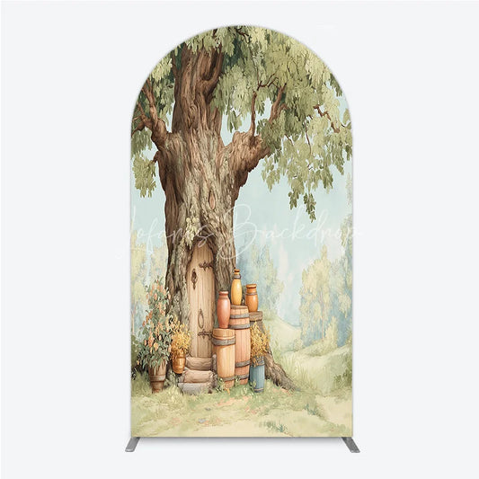 Lofaris Enchanted Forest Tree House Door Round Top Arch Backdrop Whimsical Woodland Fairy Tale Birthday Party Decor