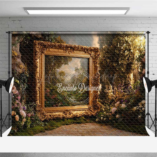 Lofaris Enchanted Forest Wedding Photography Backdrop Ornate Gold Frame in the Woods Fine Art Themed Photo Prop Decor