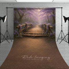 Lofaris Enchanted Forest with Wooden Bridge Sweep Backdrop Magical Purple Flowers Fairytale Photo Studio Floor Drop