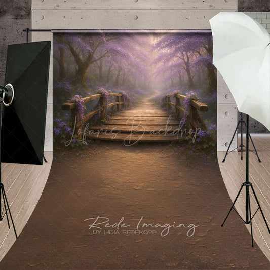 Lofaris Enchanted Forest with Wooden Bridge Sweep Backdrop Magical Purple Flowers Fairytale Photo Studio Floor Drop